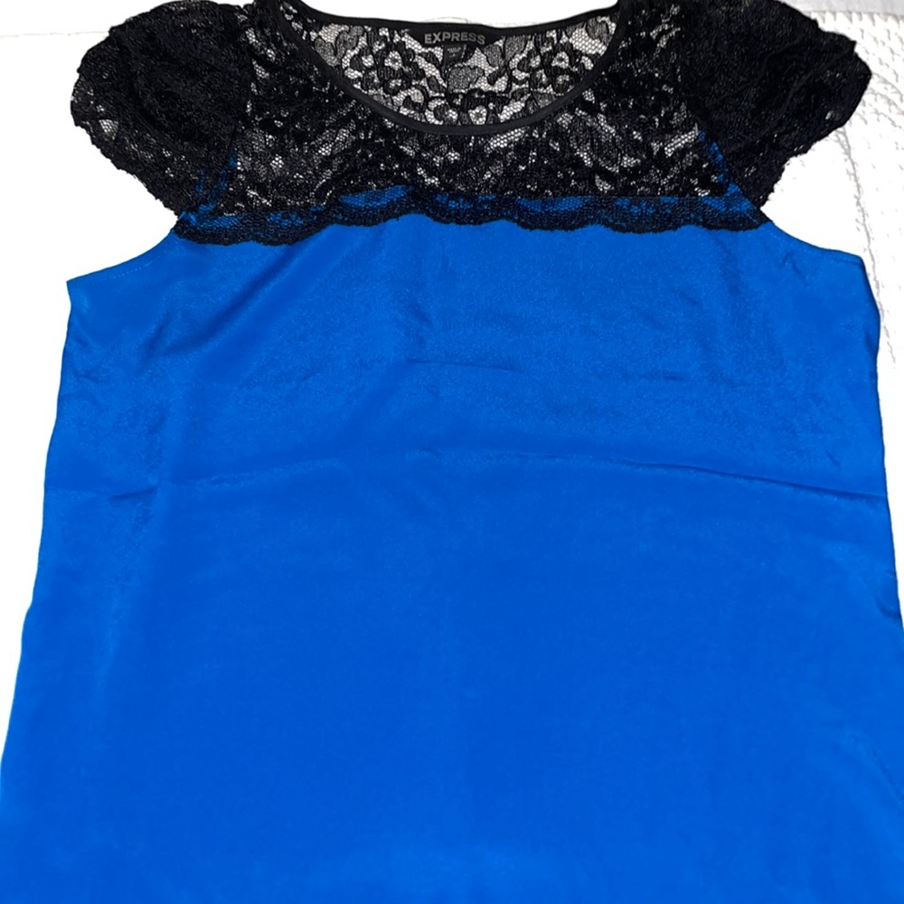 Express small black, blue top, with black lace at the top, capped lace sleeves